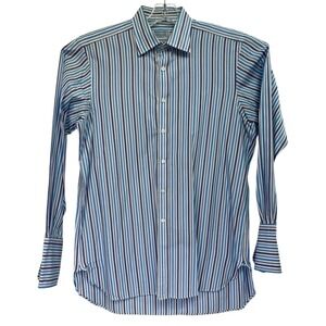 Hilditch & Key Mens 16-41 Blue/White/Grey Striped French Cuffs Dress Shirt (i26)